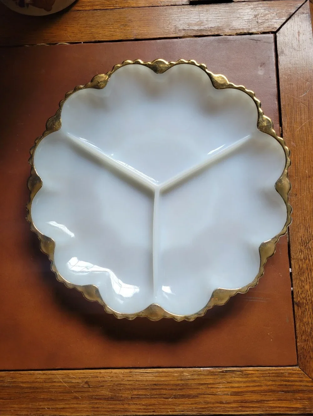 Anchor Hocking Fire King 3-section DIVIDED PLATE white milk glass dish Vintage